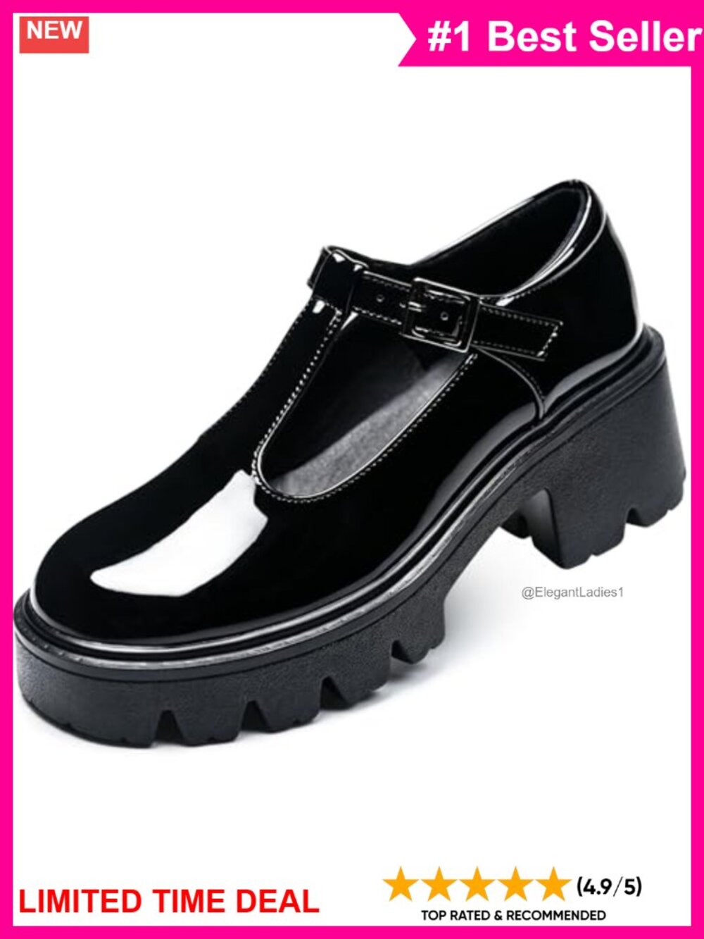Patent Leather T-Strap Mary Jane Block Heel Platform Dress Pumps